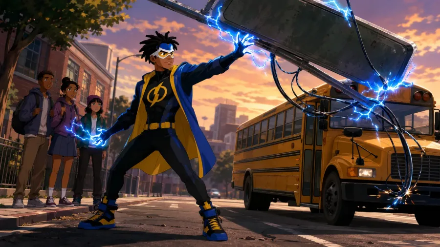 Static Shock saving students and a school bus in Dakota City